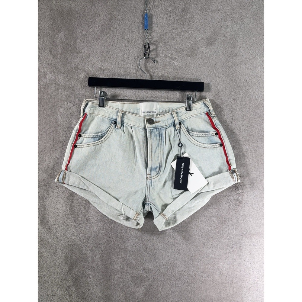One Teaspoon Smiths Tailored Denim Shorts Womens 25 Florence Red Stripe Cuffed